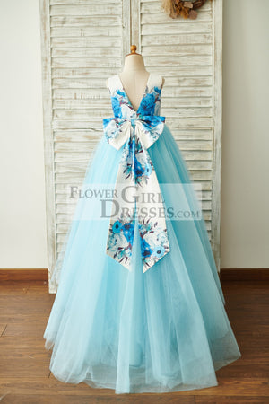 Blue Printed Floral Satin Tulle V Back Wedding Flower Girl Dress with bow