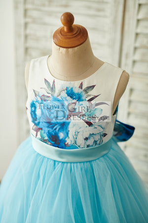 Blue Printed Floral Satin Tulle V Back Wedding Flower Girl Dress with bow