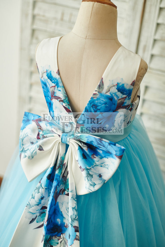 Blue Printed Floral Satin Tulle V Back Wedding Flower Girl Dress with bow