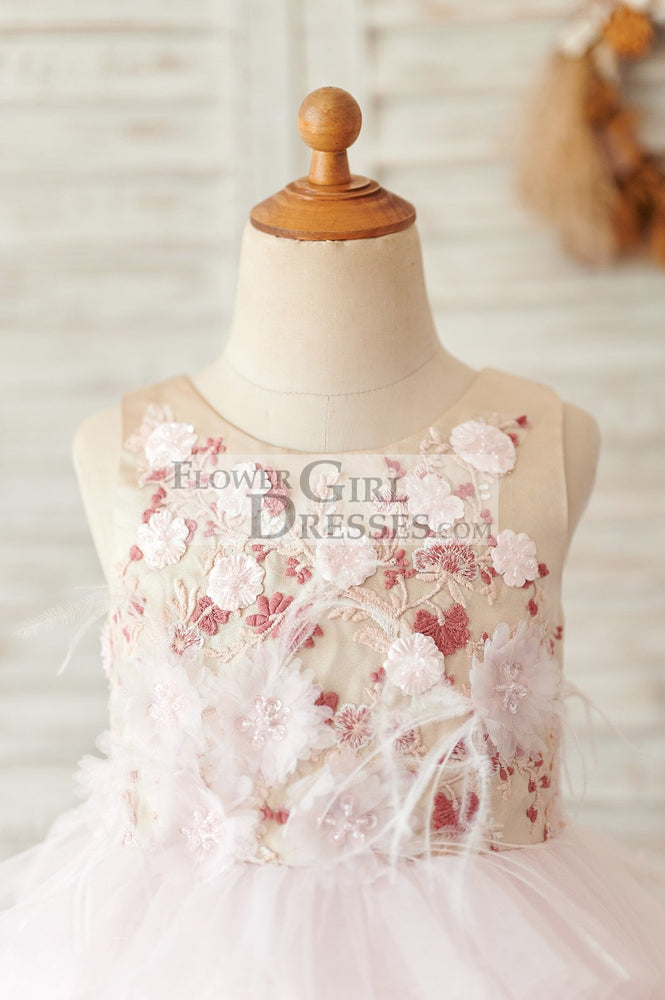 Blush Pink Tulle Embroidery Lace V Back Wedding Flower Girl Dress