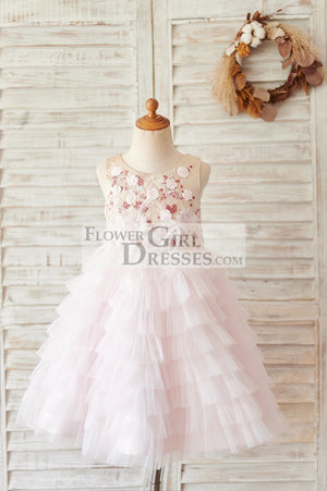 Blush Pink Tulle Embroidery Lace V Back Wedding Flower Girl Dress