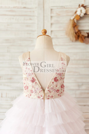 Blush Pink Tulle Embroidery Lace V Back Wedding Flower Girl Dress