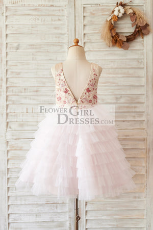 Blush Pink Tulle Embroidery Lace V Back Wedding Flower Girl Dress