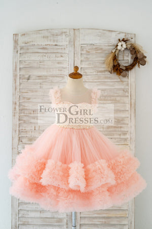 Blush Pink V Back Pearl Beaded Tulle Wedding Flower Girl Dress Kids Party Dress