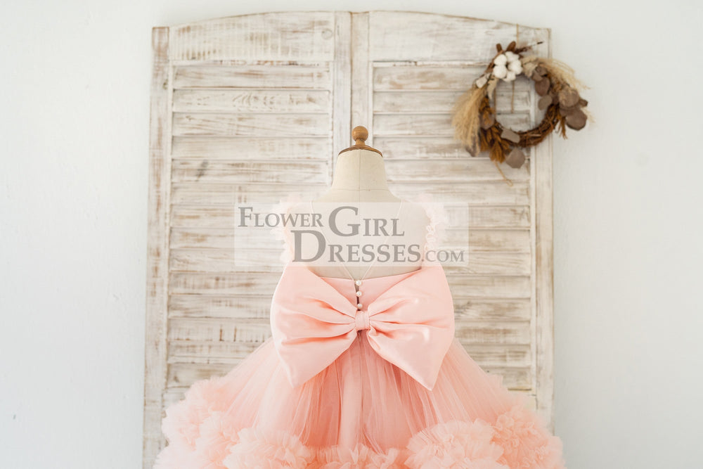 Blush Pink V Back Pearl Beaded Tulle Wedding Flower Girl Dress Flower Girl Dresses