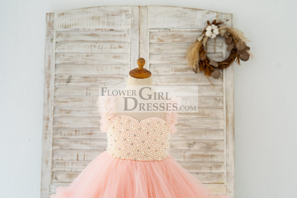 Blush Pink V Back Pearl Beaded Tulle Wedding Flower Girl Dress Kids Party Dress