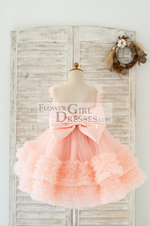 Blush Pink V Back Pearl Beaded Tulle Wedding Flower Girl Dress Kids Party Dress