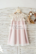 Boho Beach Lace Cap Sleeves Ivory Chiffon Wedding Flower Girl Dress with Pink Lining