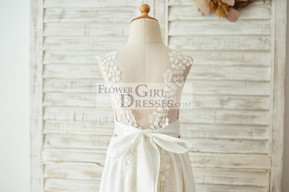 Boho Beach Lace Chiffon Backless Long Wedding Flower Girl Dress with Belt