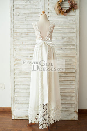 Boho Beach Lace Chiffon Backless Long Wedding Flower Girl Dress with Belt