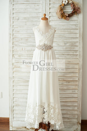 Boho Beach Lace Chiffon Backless Long Wedding Flower Girl Dress with Belt