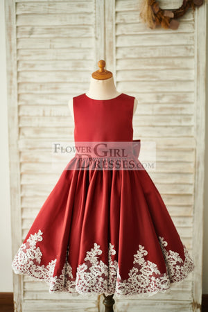 Burgundy Satin Ivory Lace Keyhole Back Wedding Flower Girl Dress