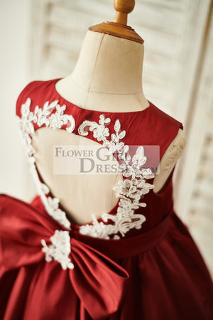 Burgundy Satin Ivory Lace Keyhole Back Wedding Flower Girl Dress