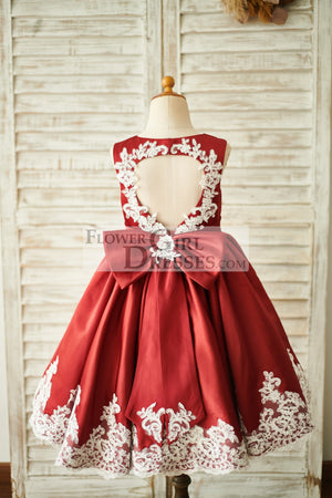 Burgundy Satin Ivory Lace Keyhole Back Wedding Flower Girl Dress