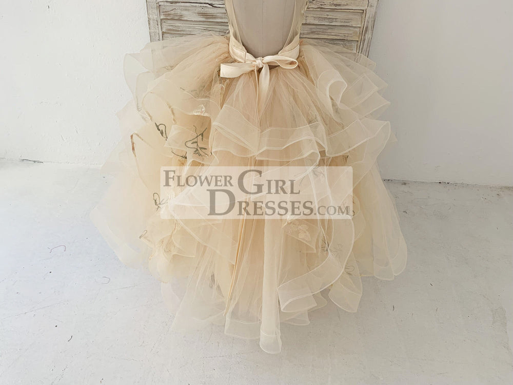 Champagne Embroidery Lace Tulle Keyhole Back Wedding Flower Girl Dress Kids Party Dress