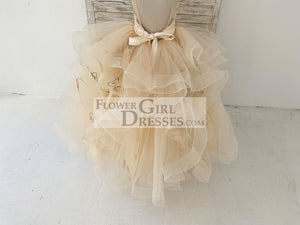 Champagne Embroidery Lace Tulle Keyhole Back Wedding Flower Girl Dress Kids Party Dress