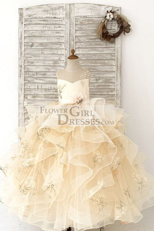 Champagne Embroidery Lace Tulle Keyhole Back Wedding Flower Girl Dress Kids Party Dress