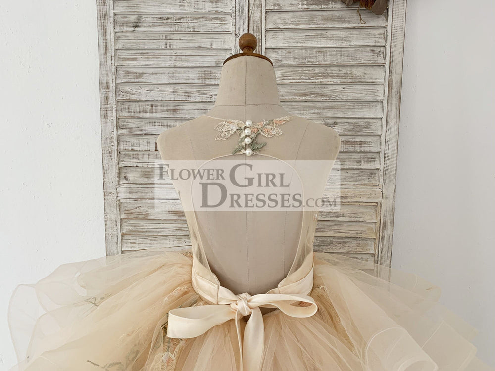 Champagne Embroidery Lace Tulle Keyhole Back Wedding Flower Girl Dress Kids Party Dress