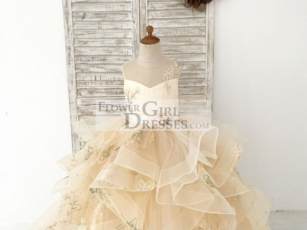 Champagne Embroidery Lace Tulle Keyhole Back Wedding Flower Girl Dress Kids Party Dress