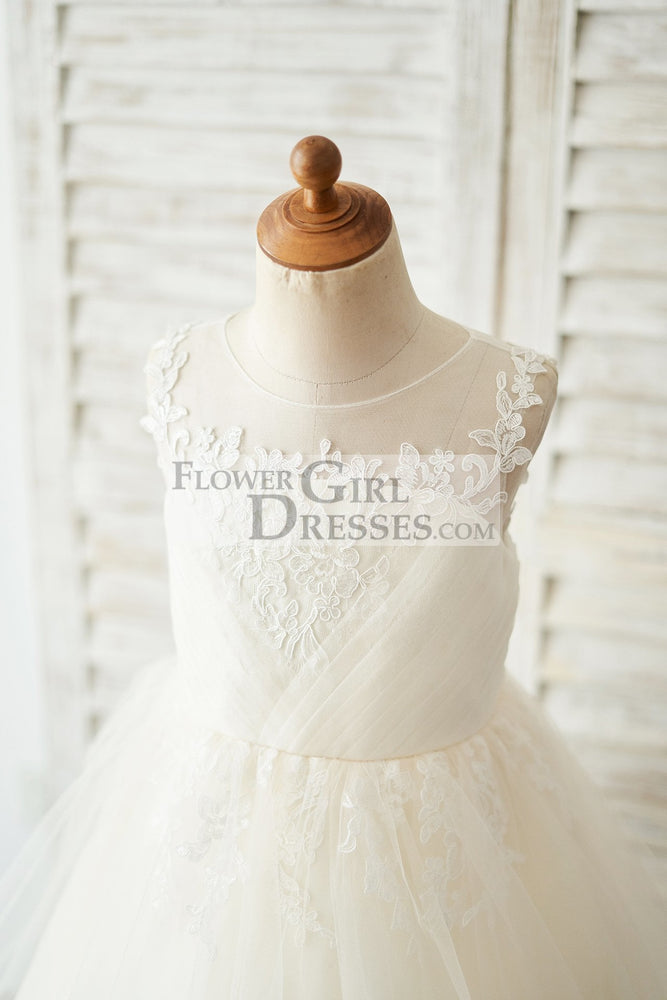 Champagne Lace Tulle Keyhole Back Wedding Flower Girl Dress