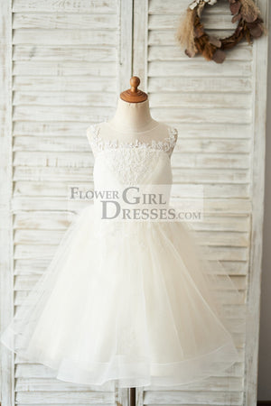 Champagne Lace Tulle Keyhole Back Wedding Flower Girl Dress