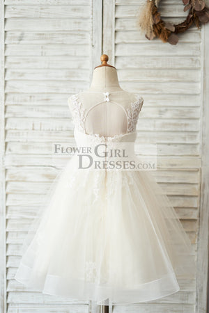 Champagne Lace Tulle Keyhole Back Wedding Flower Girl Dress