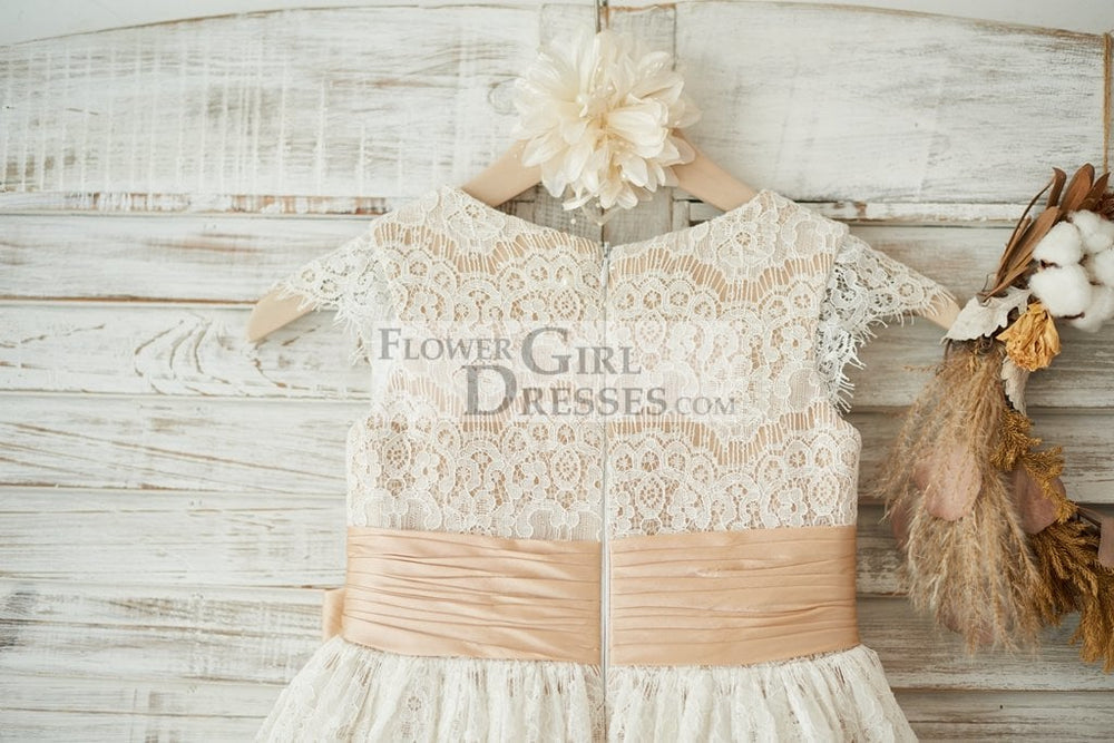 Champagne Satin Ivory Lace Cap Sleeves Wedding Flower Girl Dress with Bow Belt