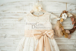 Champagne Satin Ivory Lace Cap Sleeves Wedding Flower Girl Dress with Bow Belt