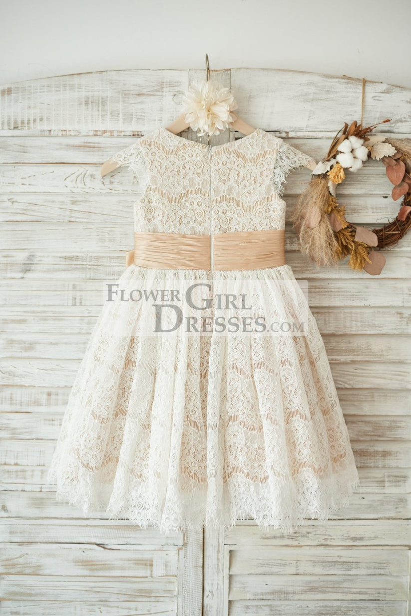 Champagne Satin Ivory Lace Cap Sleeves Wedding Flower Girl Dress, Bow ...