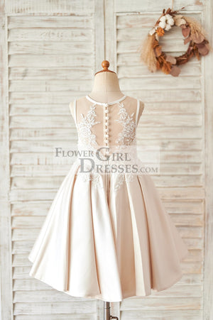 Champagne Satin Ivory Lace Sheer Back Wedding Flower Girl Dress