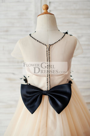 Champagne Tulle Cap Sleeves Wedding Flower Girl Dress with Black Butterflies