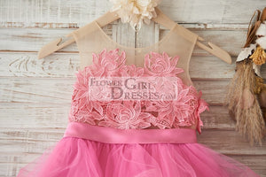 Cupcake Fuchsia Lace Tulle Wedding Flower Girl Dress with Horsehair Tulle Hem