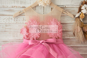 Cupcake Fuchsia Lace Tulle Wedding Flower Girl Dress with Horsehair Tulle Hem