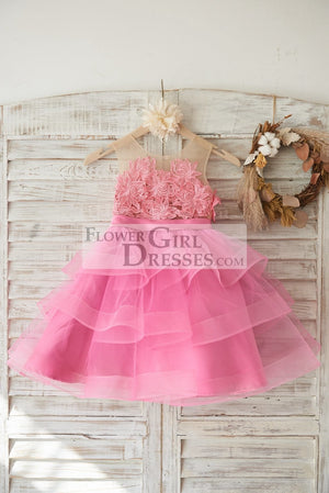 Cupcake Fuchsia Lace Tulle Wedding Flower Girl Dress with Horsehair Tulle Hem