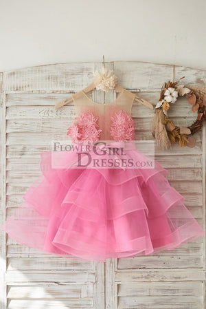 Cupcake Fuchsia Lace Tulle Wedding Flower Girl Dress with Horsehair Tulle Hem