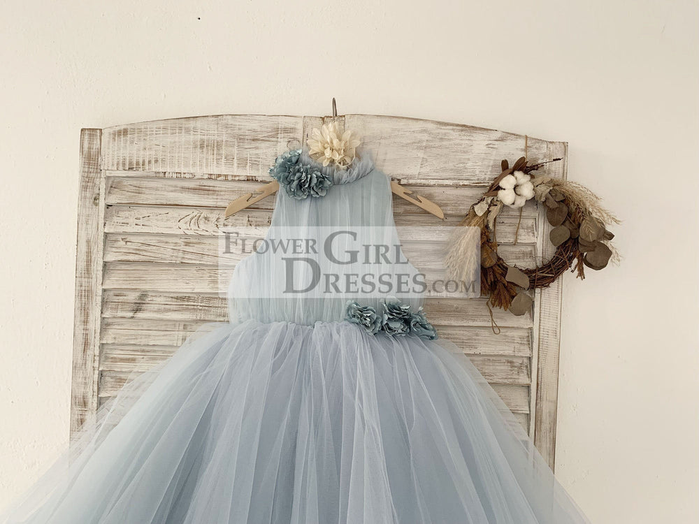 Dusty Blue Tulle Hi Low Wedding Flower Girl Dress Kids Party Dress with Long Train