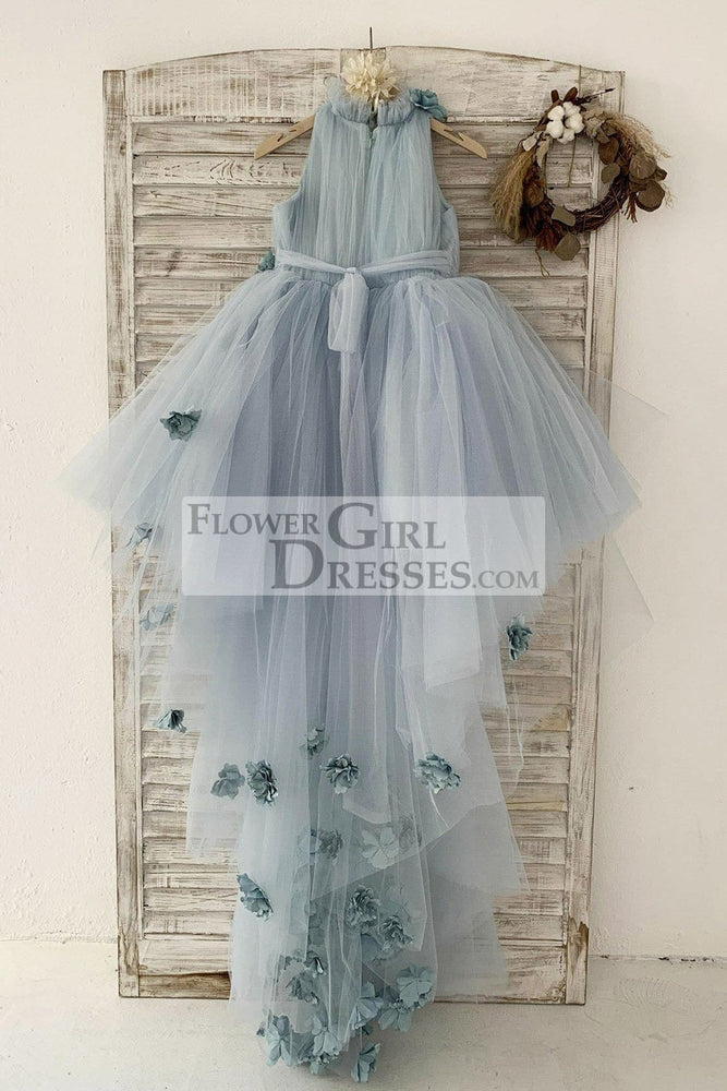 Dusty Blue Tulle Hi Low Wedding Flower Girl Dress Kids Party Dress with Long Train