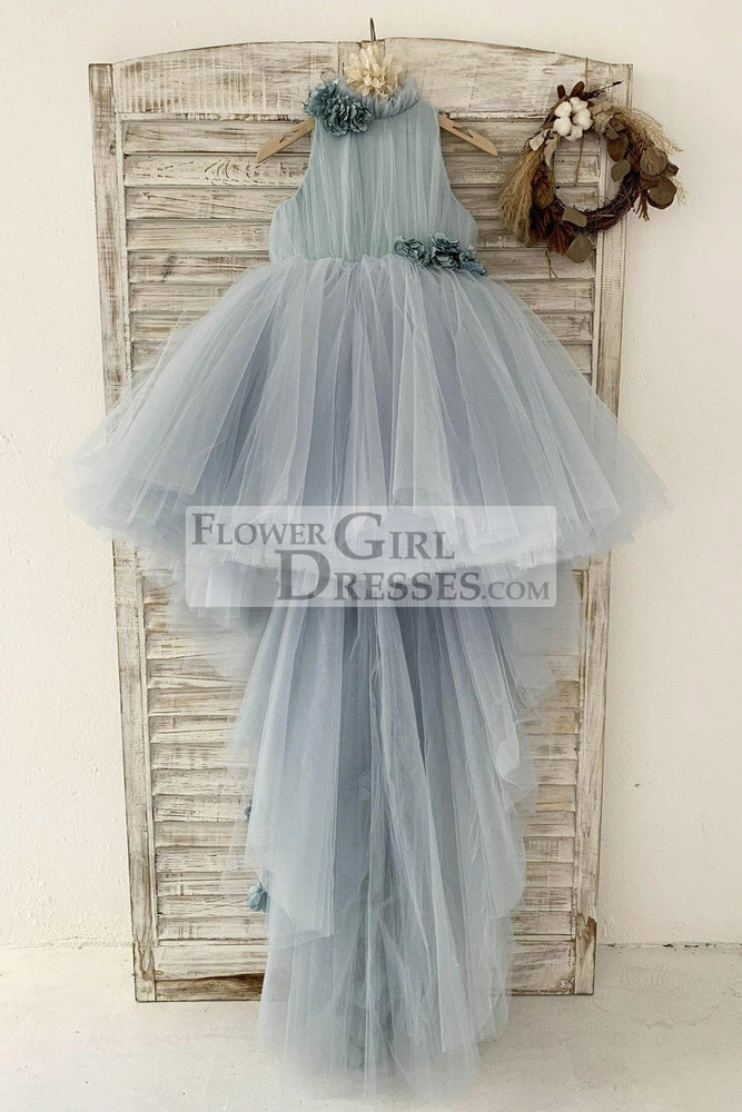 Dusty Blue Tulle Hi Low Wedding Flower Girl Dress Kids Party Dress with Long Train