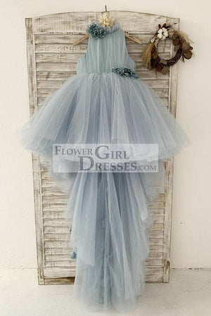 Dusty Blue Tulle Hi Low Wedding Flower Girl Dress Kids Party Dress with Long Train