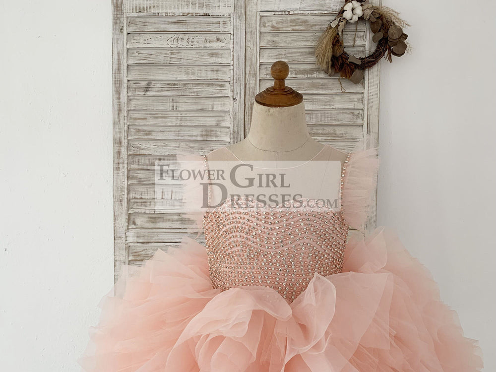 Fluffy Sleeves Beaded Pink Tulle Organza Wedding Flower Girl Dress Kids Party Dress