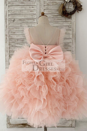 Fluffy Sleeves Beaded Pink Tulle Organza Wedding Flower Girl Dress Kids Party Dress