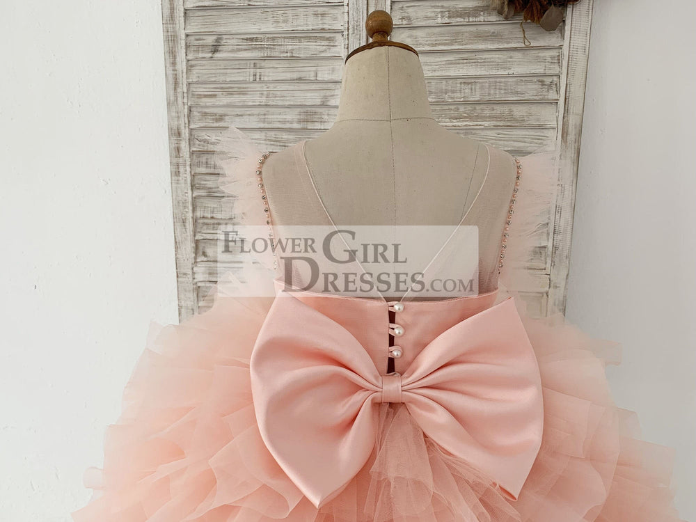 Fluffy Sleeves Beaded Pink Tulle Organza Wedding Flower Girl Dress Kids Party Dress