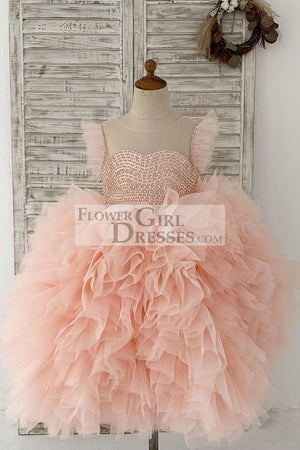 Fluffy Sleeves Beaded Pink Tulle Organza Wedding Flower Girl Dress Kids Party Dress