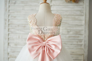 Gold Sequin Ivory Tulle V Back Wedding Flower Girl Dress with Pink Lace Belt