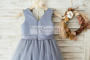 Gray Satin Tulle V Neckline Wedding Flower Girl Dress with Belt