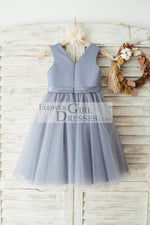Gray Satin Tulle V Neckline Wedding Flower Girl Dress with Belt