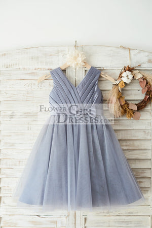 Gray Satin Tulle V Neckline Wedding Flower Girl Dress with Belt