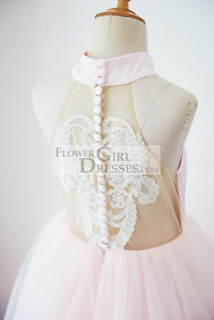 Halter Neckline Ivory Lace Pink Tulle Sheer Back Wedding Flower Girl Dress