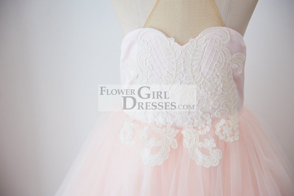 Halter Neckline Ivory Lace Pink Tulle Sheer Back Wedding Flower Girl Dress