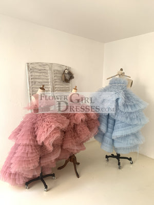 Hi Low Pleated Tulle Wedding Flower Girl Dress Kids Birthday Party Ball Gown Dress